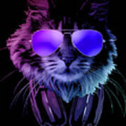 Cool DJ Furry Cat In Neon Lights Art Print