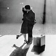 Couple Kissing In Train Station Art Print