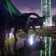 Dallas Texas Longhorn Cattle Drive Sculptures And Skyline Reflections Art Print