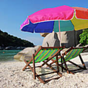 Deck Chairs On A Beach In Thailand Art Print