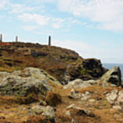 Distant View Of Tin Mine Chimneys On Coastal Path, Trewellard, Penzance, Cornwall, Uk Art Print