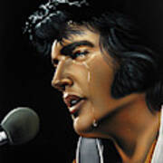 Elvis Presley The King Portrait Vegas White Jumpsuit Oil Painting Velvet A372 Art Print