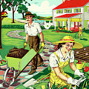 Family Working In The Yard Art Print