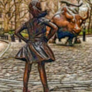Vintage Fearless Girl And Wall Street Bull Statue #3 Art Print