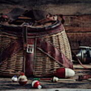 Fishing bobbers with vintage Creel basket Photograph by Suzanne Tucker -  Pixels