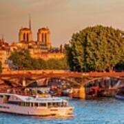 France, Ile-de-france, Seine, Paris, Louvre, Vendome, Pont Des Arts, Pont Des Arts, Notre Dame De Paris In The Background Art Print