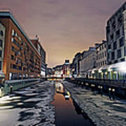 Frozen Canal In Inner Hamburg At Night Art Print