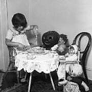 Girl 6-7 Dining With Her Dolls And Toys Art Print