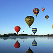 Hot Air Balloons Reflected In Lake Art Print