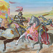 Illustration Of Knights Jousting Art Print