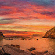 Illustration, Sunset On Italian Sea Village Art Print