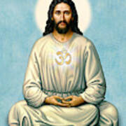 Jesus Meditating With Om On Blue Art Print