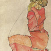 Kneeling Female In Orange-red Dress Art Print