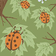 Ladybugs On Leaves Art Print