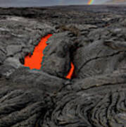 Red Hot Lava And Rainbow In Hawaii Volcanoes National Park Art Print