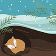 Let It Snow Fox Sleeping In A Hole Art Print