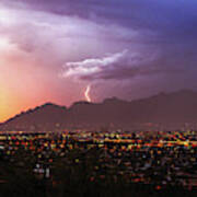 Lightning Bolt Over The Santa Catalina Mountains And Tucson, Arizona Art Print