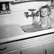 Little Girl Taking Bath In Kichen Sink Art Print