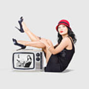 Lovely Asian Pinup Girl Posing On Vintage Tv Set Art Print