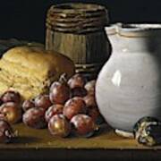 Luis Egidio Melendez / 'still Life With Plums, Figs, Bread And Fish', 18th Century, Spanish School. Art Print