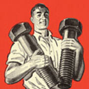 Man Holding Two Giant Bolts Art Print