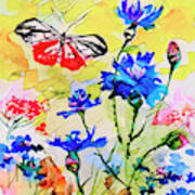 Modern Floral Art Butterfly Cornflowers Art Print