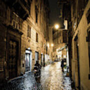 Motorbike In Narrow Street At Night In Rome In Italy Art Print