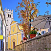 Motovun. Old Cobbled Street And Church In Historic Town Of Motov Art Print
