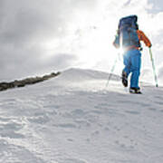 Mountaineer Ascends Towards Snow Summit Art Print
