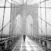New York Walker In Blizzard - Brooklyn Bridge Art Print