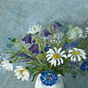 Oil Painted Wild Flowers On Blue Art Print