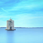 Old Spanish Windmill In A Blue Lagoon. Orbetello, Argentario, Italy. Art Print