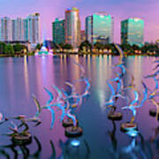 Orlando Lake Eola Skyline Panorama - Take Flight Bird Sculpture Art Print