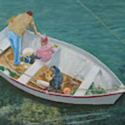 Painting Dad With Three Kids In Boat At Solva Pembrokeshire Wales Art Print