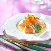 Pan-fried Scallops With Foamy Saffron Sauce And Pumpkin Crisps Art Print