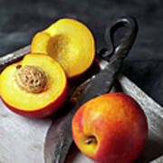 Peaches With Knife On Tray, Close Up Art Print