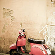 Pink Scooter And Roman Wall, Rome Italy Art Print