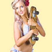 Pinup Woman In Bikini Holding Skateboard Art Print