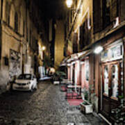 Pizzeria In Abandoned Street At Night In Rome In Italy Art Print