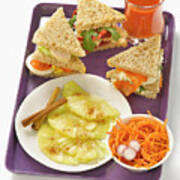 Plateau Tele Avec Salade De Carottes, Sandwich Et Ananas A La Cannelle T.v Dinner Tray With Grated Carrot Salad,sandwiches And Pineapple With Cinnamon Art Print