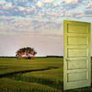 Portal - Nd Wheat Field Composite With Weathered Door From An Abandoned Homestead Art Print