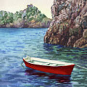 Red Boat In The Blue Sea Art Print