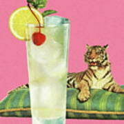 Refreshing Beverage And A Tiger On A Pillow Art Print