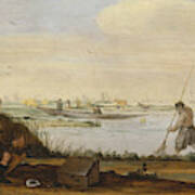 River Landscape With Boats And Fishermen Art Print