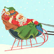 Santa And Boy Riding In Sleigh Art Print