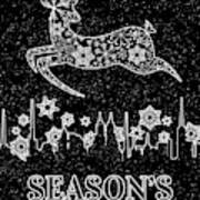 Season's Greetings Black With White Snowflakes And Reindeer Art Print