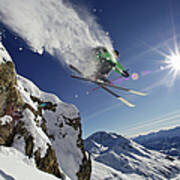 Skier In Midair On Snowy Mountain Art Print