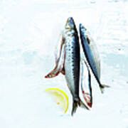 Small Fish On Block Of Ice With Lemon Art Print