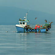 Small Fishing Boat With Lobster Pods And Seagulls On Calm Atlantic In Front Of The Hebride Islands Art Print
