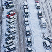 Snow Covered Cars In Parking Lot Art Print